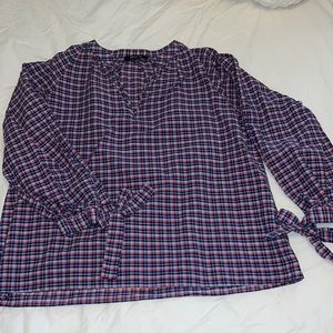 Madewell Navy Red White Plaid V Neck 3/4 Sleeve Tie Detail Crop Blouse Small